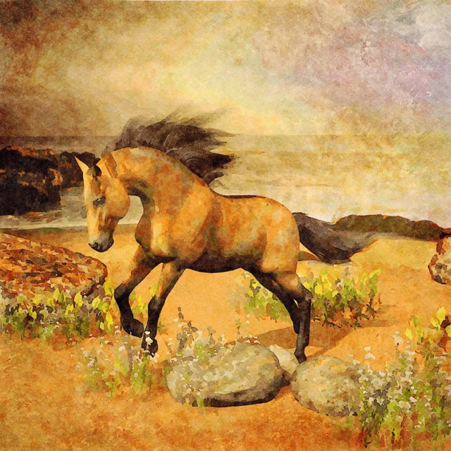 A watercolor of a buckskin horse leaping over some rocks on a beach.