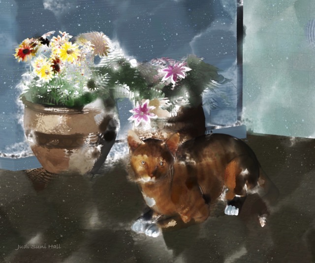 A cat resting by a flowerpot.