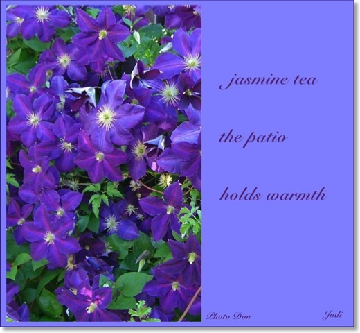 This haiga reads:</br>jasmine tea</br>the patio</br>holds warmth